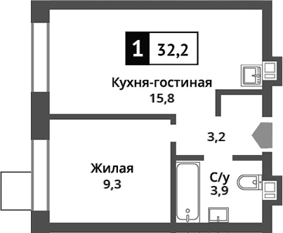 Планировка: Евродвушка 32,2 м² в ЖК «Никольский квартал Отрада»