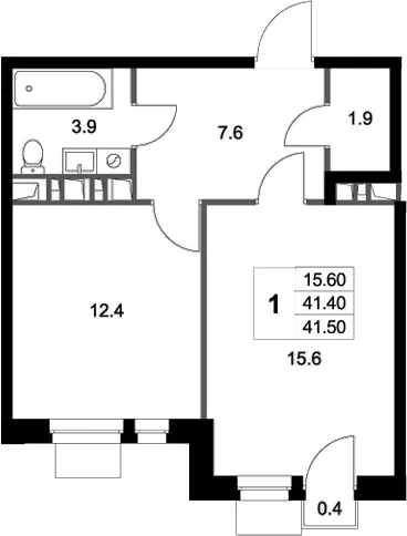 Планировка: 1-комнатная квартира 41,4 м² в ЖК «Легенда Марусино»