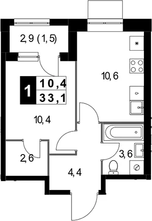 Планировка: 1-комнатная квартира 31,6 м² в ЖК «1-й Измайловский»