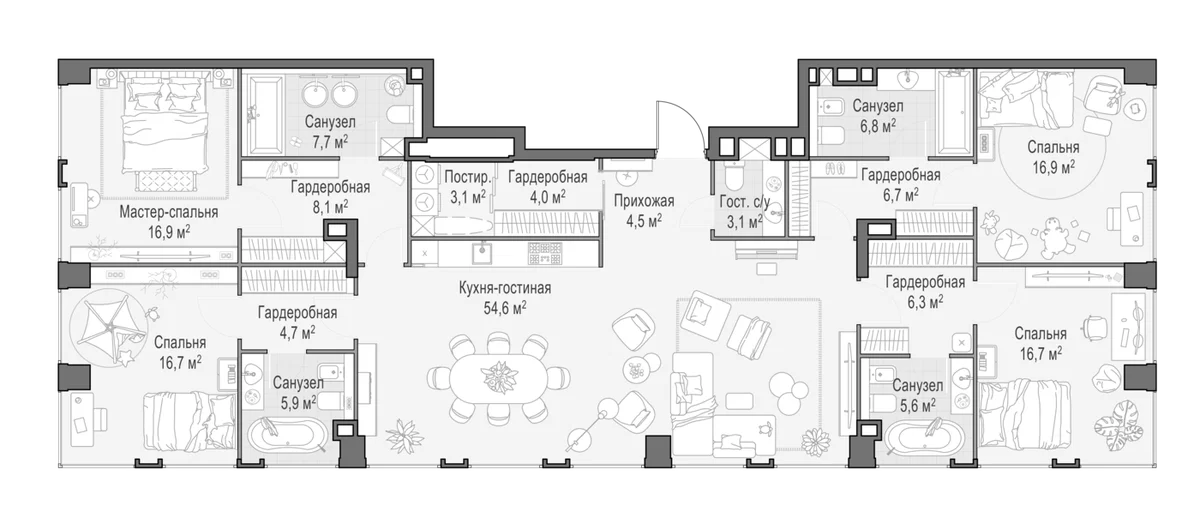 Планировка: Квартира евро-5 187,1 м² в ЖК «Квартал Life Time»
