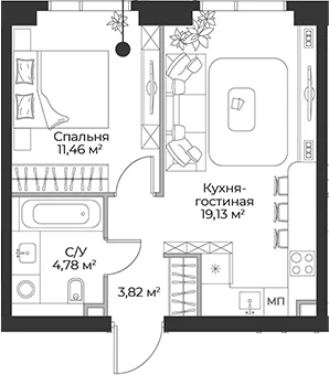 Планировка: Евродвушка 39,2 м² в ЖК «Гранд Фили»