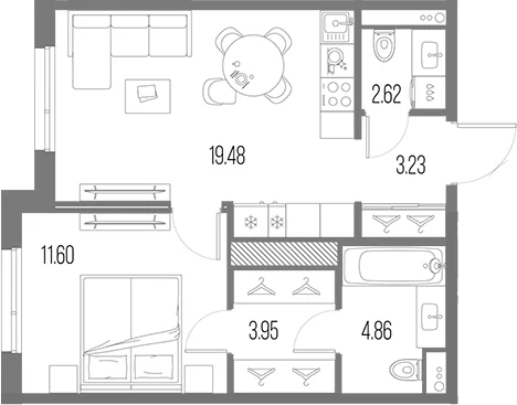 Планировка: Евродвушка 45,7 м² в ЖК «Легенда Васильевского»