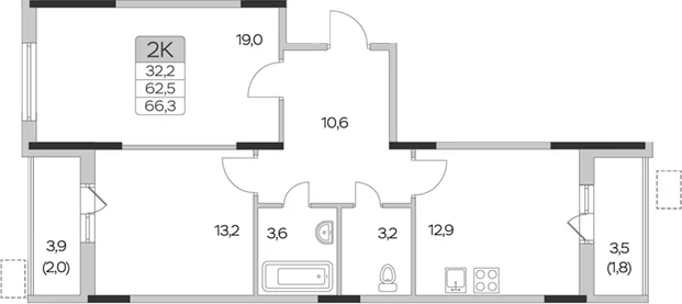 Планировка: 2-комнатная квартира 62,5 м² в ЖК «Пироговская ривьера»