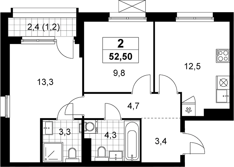 Планировка: 2-комнатная квартира 51,3 м² в ЖК «Прокшино»