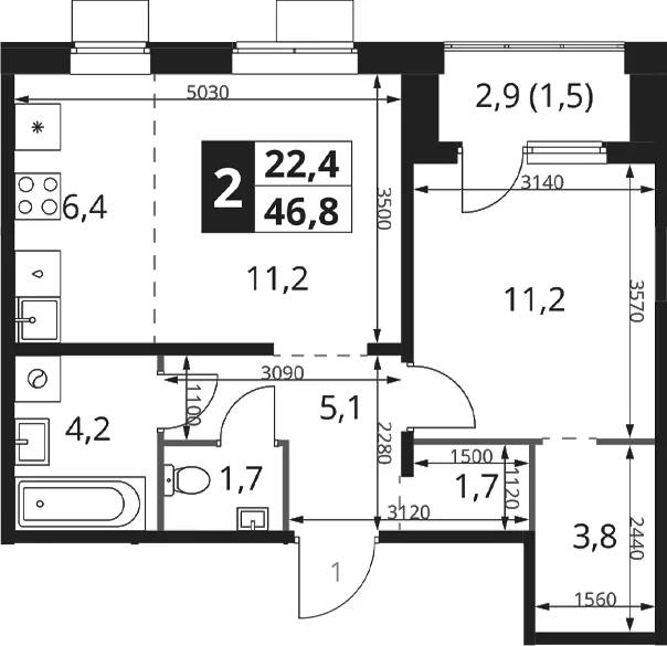 Планировка: Евродвушка 45,3 м² в ЖК «1-й Ясеневский»