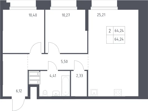 Планировка: Евротрёшка 64,2 м² в ЖК «Тропарево Парк»
