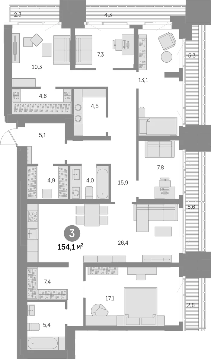 Планировка: 5-комнатная квартира 133,8 м² в ЖК «Квартал Издание»