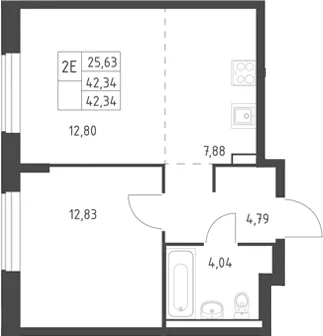 Планировка: Евродвушка 42,3 м² в ЖК «Горки Парк»