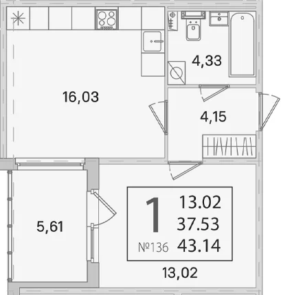 Планировка: 1-комнатная квартира 37,5 м² в ЖК «Любоград в Стрельне»
