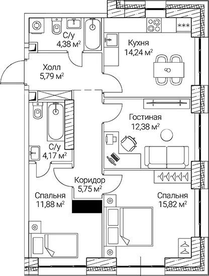 Планировка: 3-комнатная квартира 74,4 м² в ЖК «СЕЗАР СИТИ»