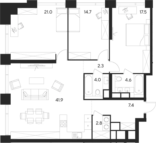 Планировка: Квартира евро-4 116,2 м² в ЖК «Инди Тауэрз от Аквилон»