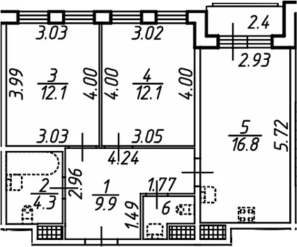Планировка: Евротрёшка 57,1 м² в ЖК «Аэросити Клаб»