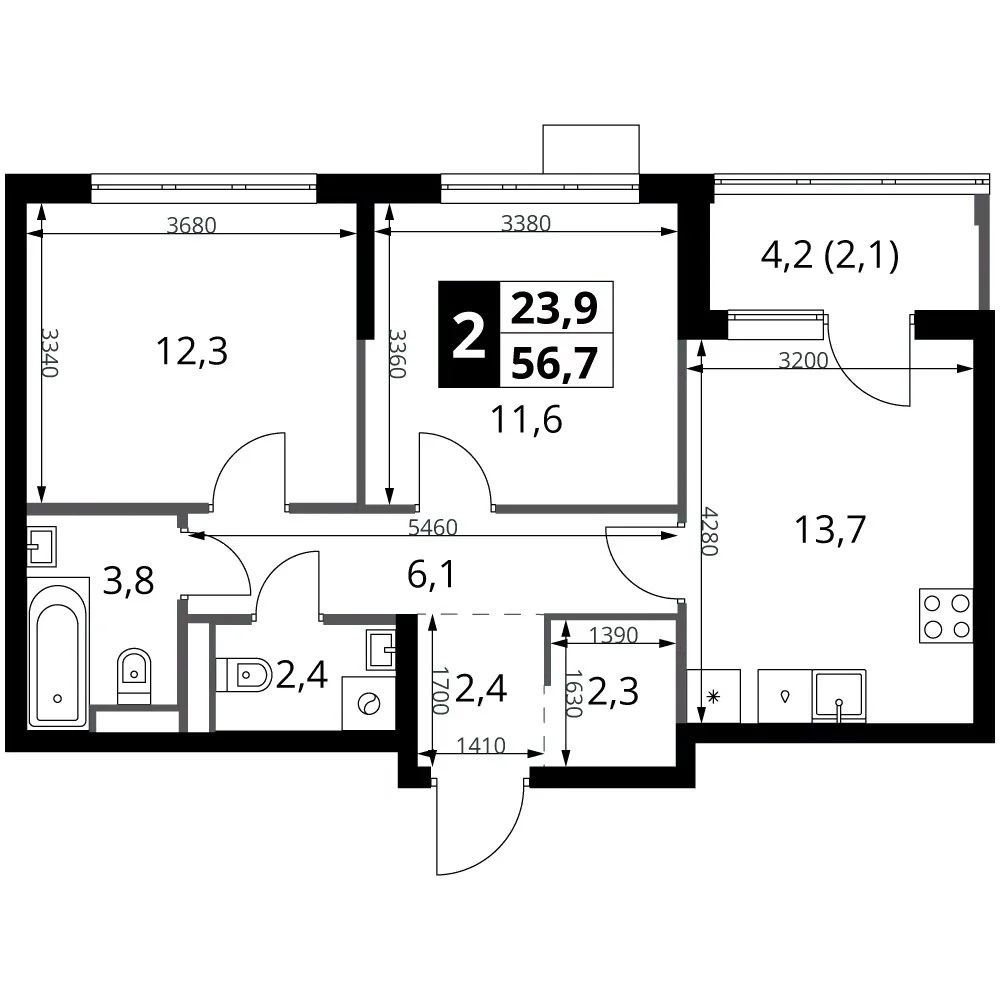 Планировка: 2-комнатная квартира 54,6 м² в ЖК «1-й Ясеневский»