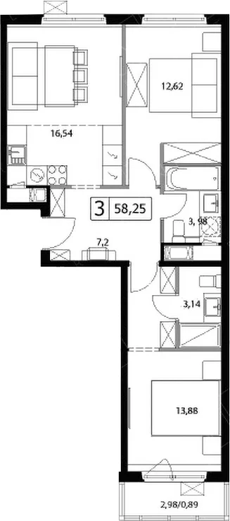 Планировка: Евротрёшка 57,4 м² в ЖК «У реки.Эко Видное 2.0»