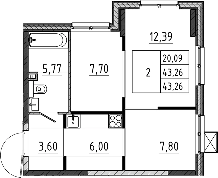 Планировка: 2-комнатная квартира 43,3 м² в ЖК «Поварово-Молодежный-2»