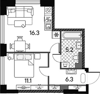 Планировка: Евродвушка 38,9 м² в ЖК «МАРК»