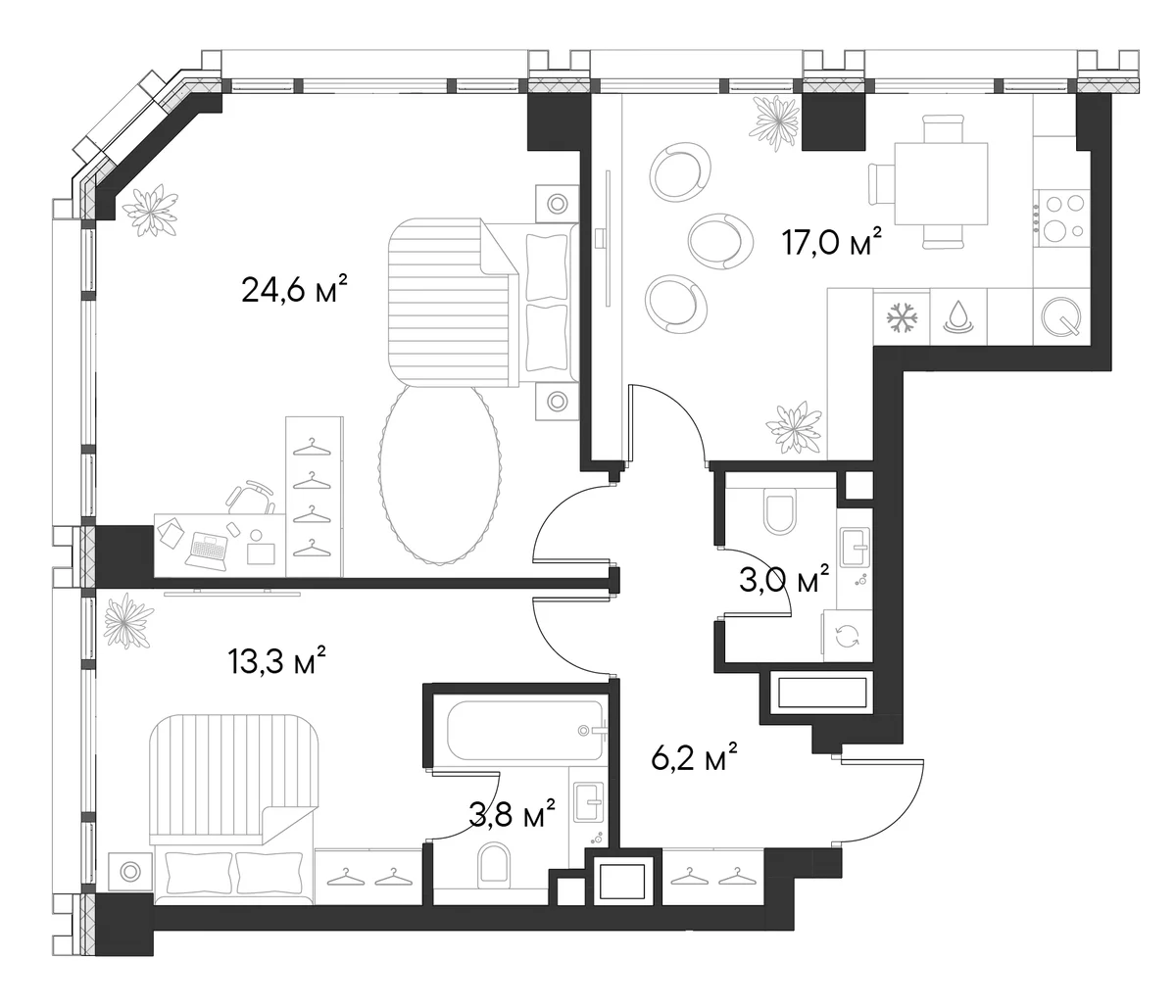 Планировка: 2-комнатная квартира 67,9 м² в ЖК «Первый Нагатинский»