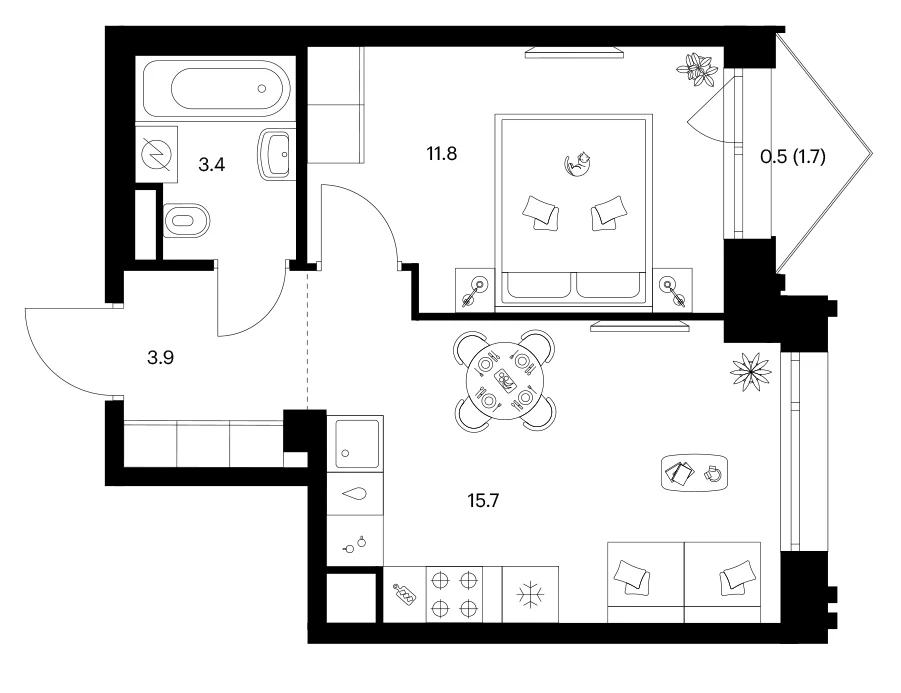 Планировка: 1-комнатная квартира 34,8 м² в ЖК «Лосиноостровский парк»