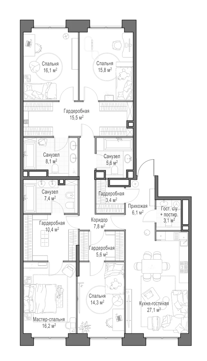 Планировка: Квартира евро-5 163,6 м² в ЖК «Квартал Life Time»