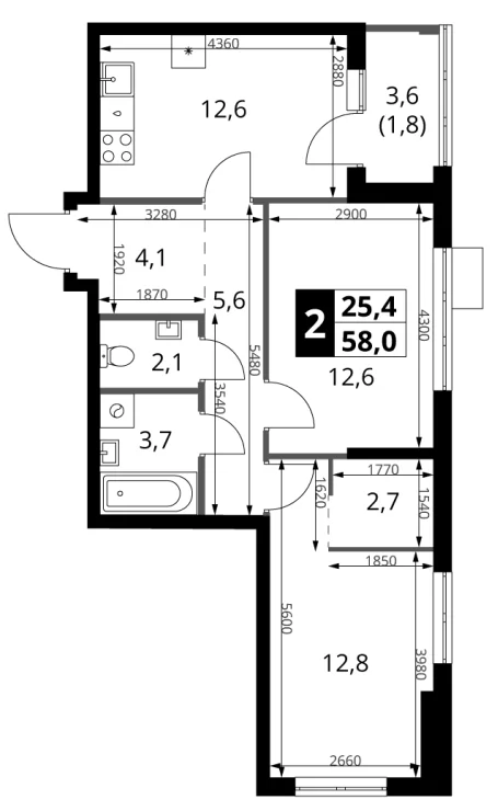 Планировка: 2-комнатная квартира 56,2 м² в ЖК «1-й Ясеневский»
