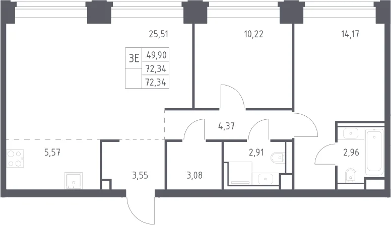 Планировка: Евротрёшка 72,3 м² в ЖК «НОВА»