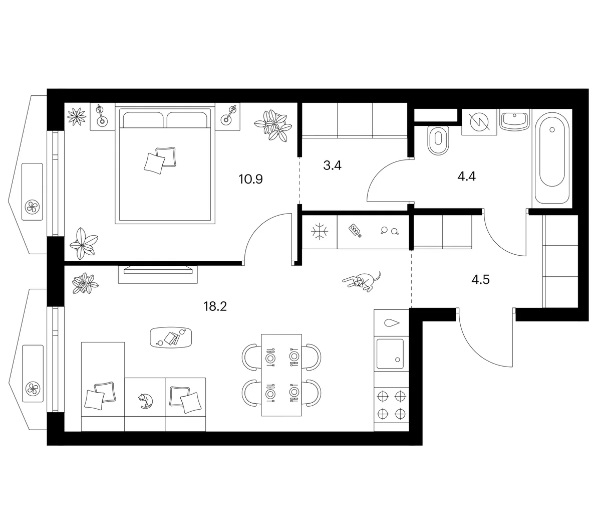 Планировка: 1-комнатная квартира 41,4 м² в ЖК «Мичуринский парк»