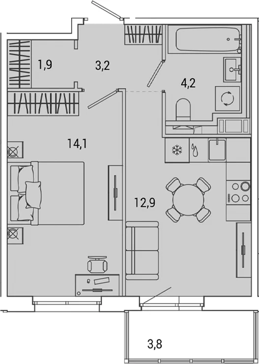 Планировка: 1-комнатная квартира 36,4 м² в ЖК «ОКЛА»