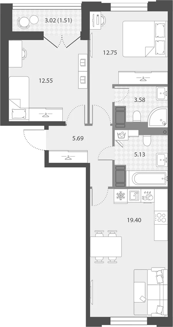 Планировка: Евротрёшка 59,1 м² в ЖК «Цивилизация на Неве»