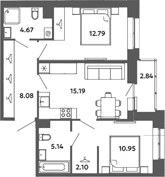 Планировка: Евротрёшка 58,9 м² в ЖК «Загляденье»