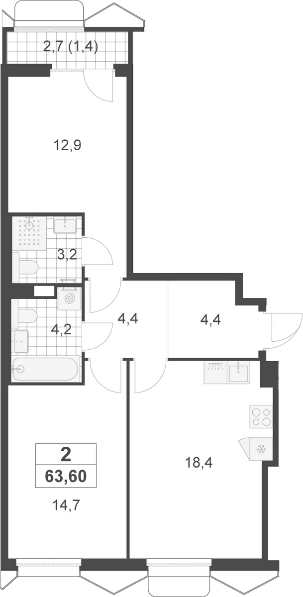 Планировка: Евротрёшка 62,2 м² в ЖК «Деснаречье»