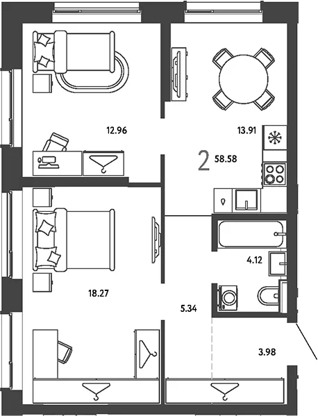 Планировка: 2-комнатная квартира 58,6 м² в ЖК «Страна.Парковая»