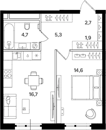 Планировка: 1-комнатная квартира 45,9 м² в ЖК «Мангазея на Речном»