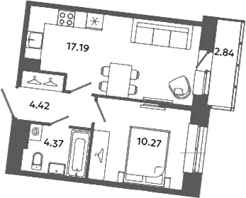 Планировка: Евродвушка 36,3 м² в ЖК «Загляденье»