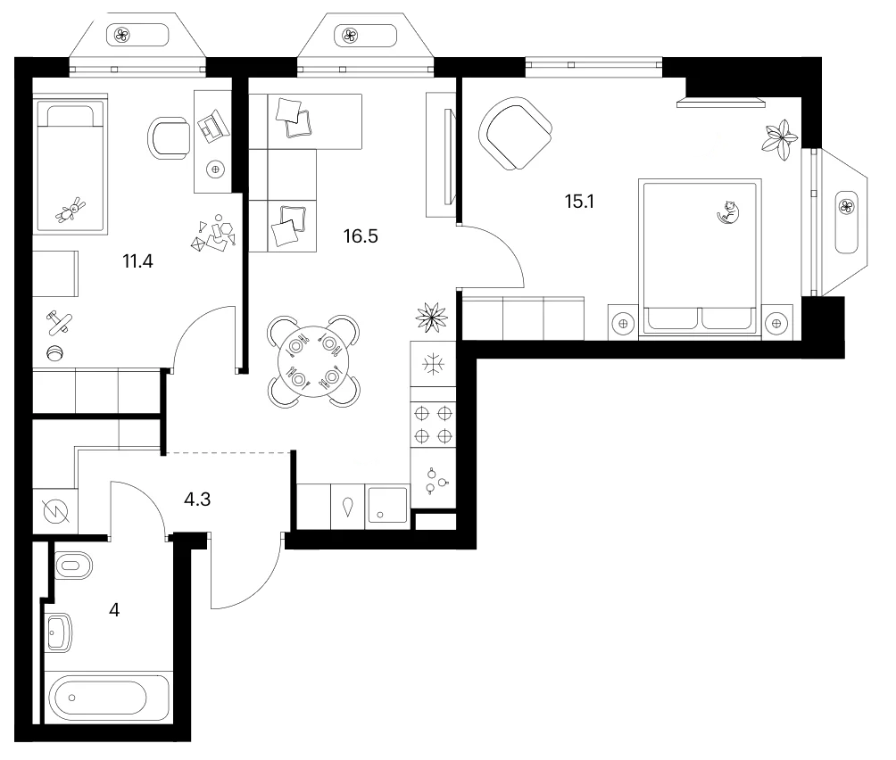 Планировка: 2-комнатная квартира 51,3 м² в ЖК «Зеленый парк»