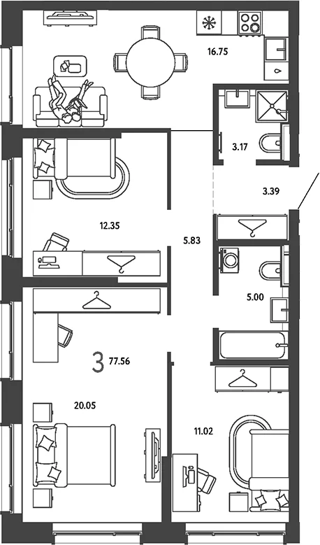 Планировка: 3-комнатная квартира 77,6 м² в ЖК «Страна.Парковая»