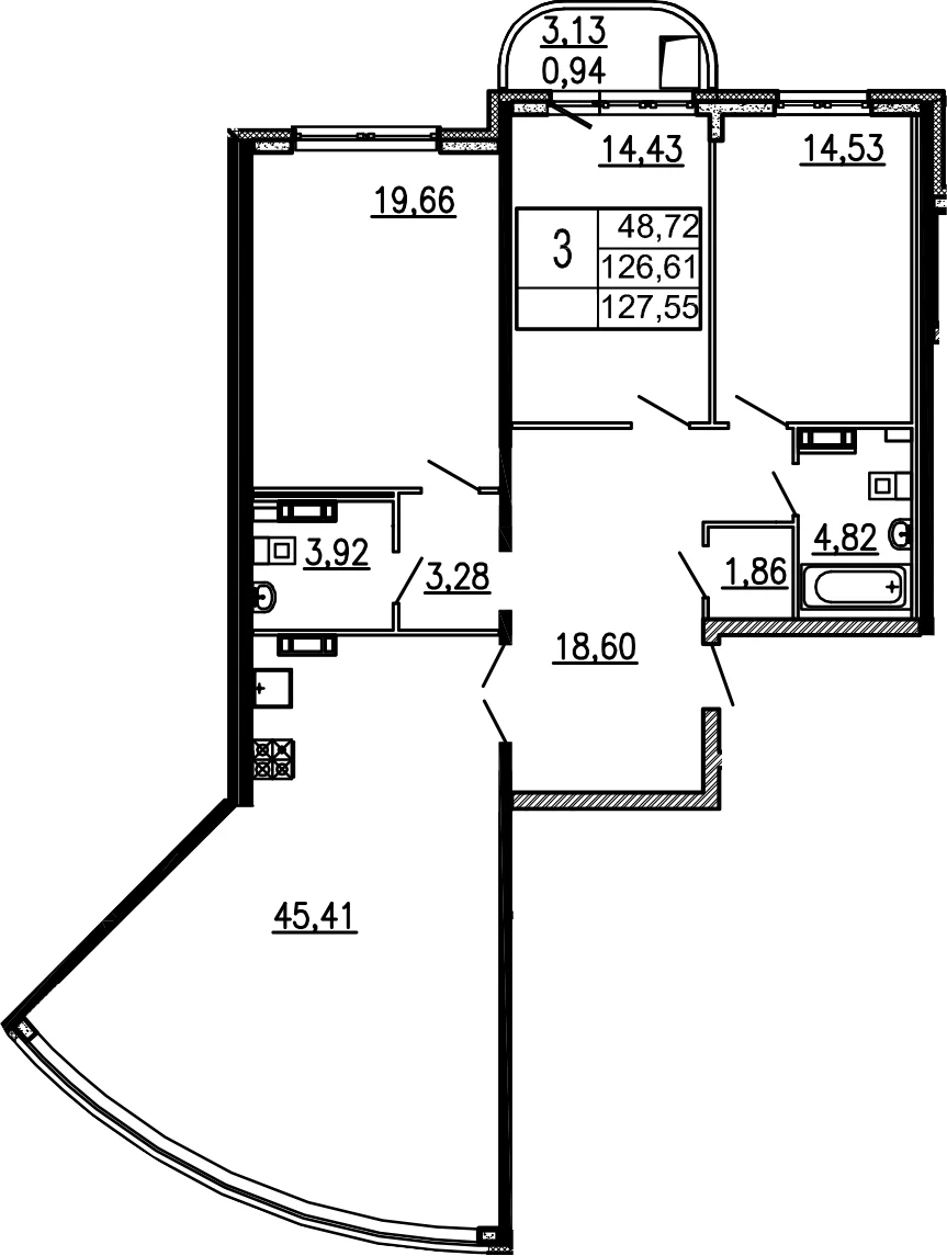 Планировка: 3-комнатная квартира 123,4 м² в ЖК «Дом-Мегалит в Королеве»