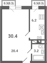 Планировка: 1-комнатная квартира 29,8 м² в ЖК «Южная Долина»