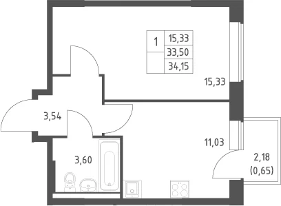 Планировка: 1-комнатная квартира 33,5 м² в ЖК «Большое Юрлово»