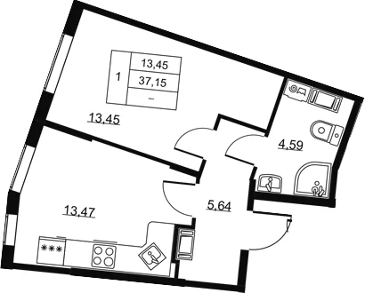 Планировка: 1-комнатная квартира 37,2 м² в ЖК «Высота. Всеволожск»