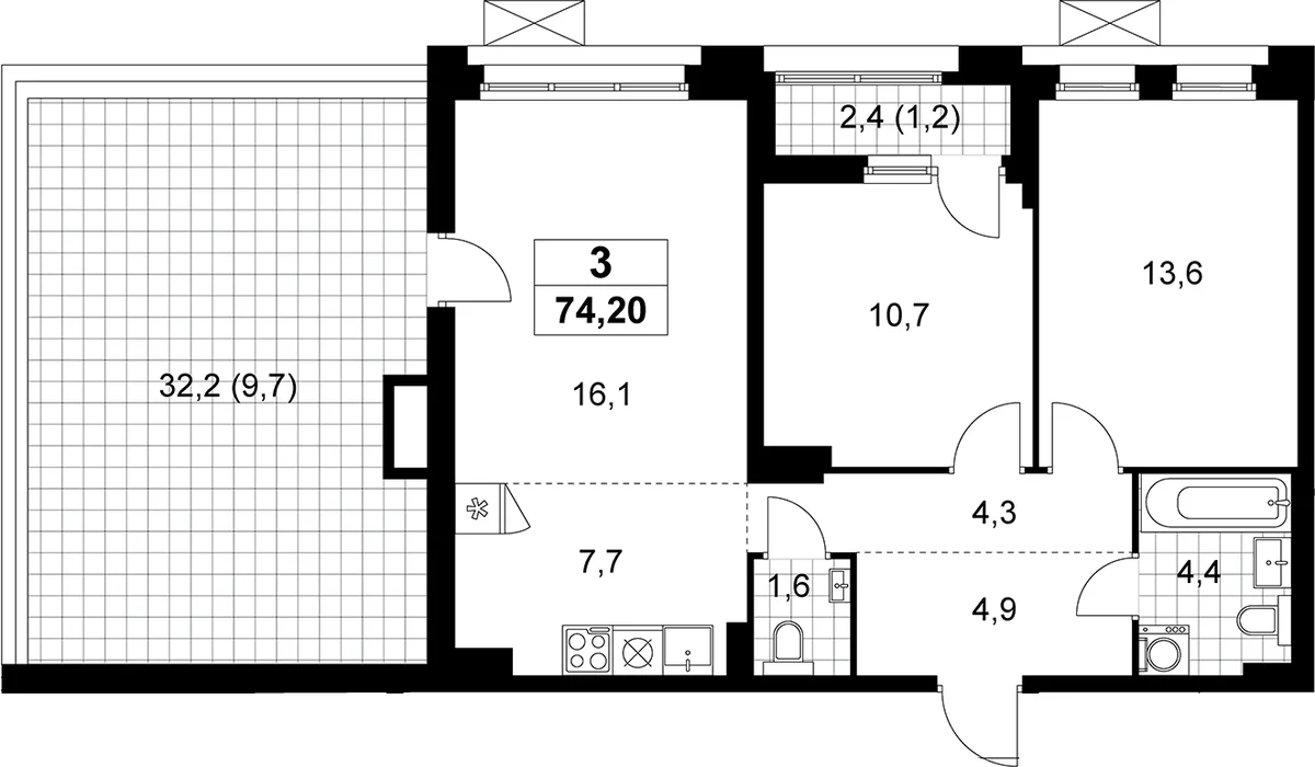 Планировка: Евротрёшка 63,3 м² в ЖК «Прокшино»