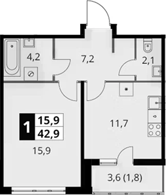 Планировка: 1-комнатная квартира 41,1 м² в ЖК «Южная Битца»