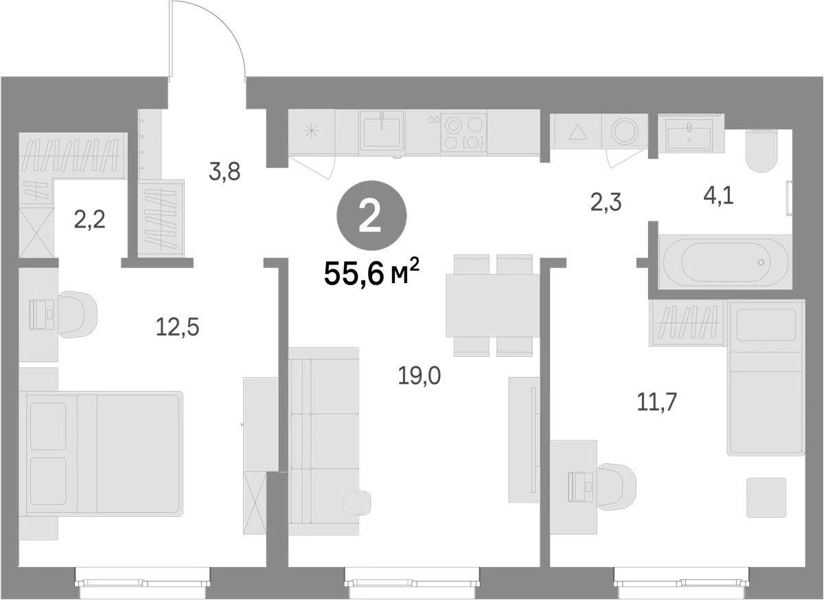 Планировка: Евротрёшка 55,7 м² в ЖК «Квартал Текстура»