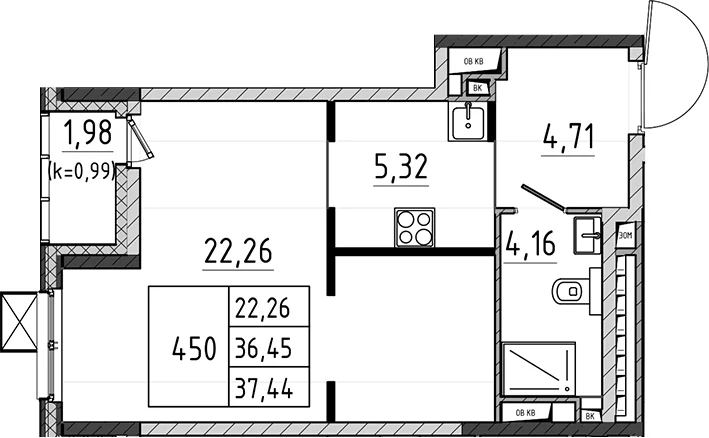 Планировка: Студия 36,5 м² в ЖК «Поварово-Молодежный-2»