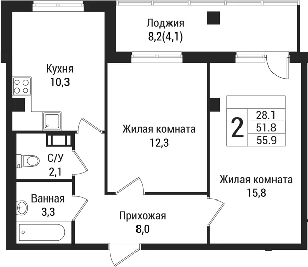 Планировка: 2-комнатная квартира 51,8 м² в ЖК «Южная Заря»