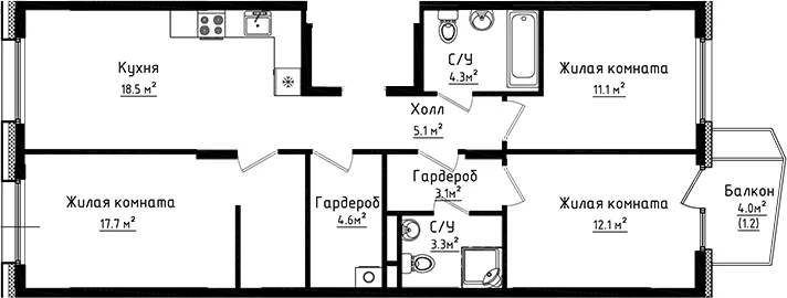 Планировка: 3-комнатная квартира 79,8 м² в ЖК «Коллекция»