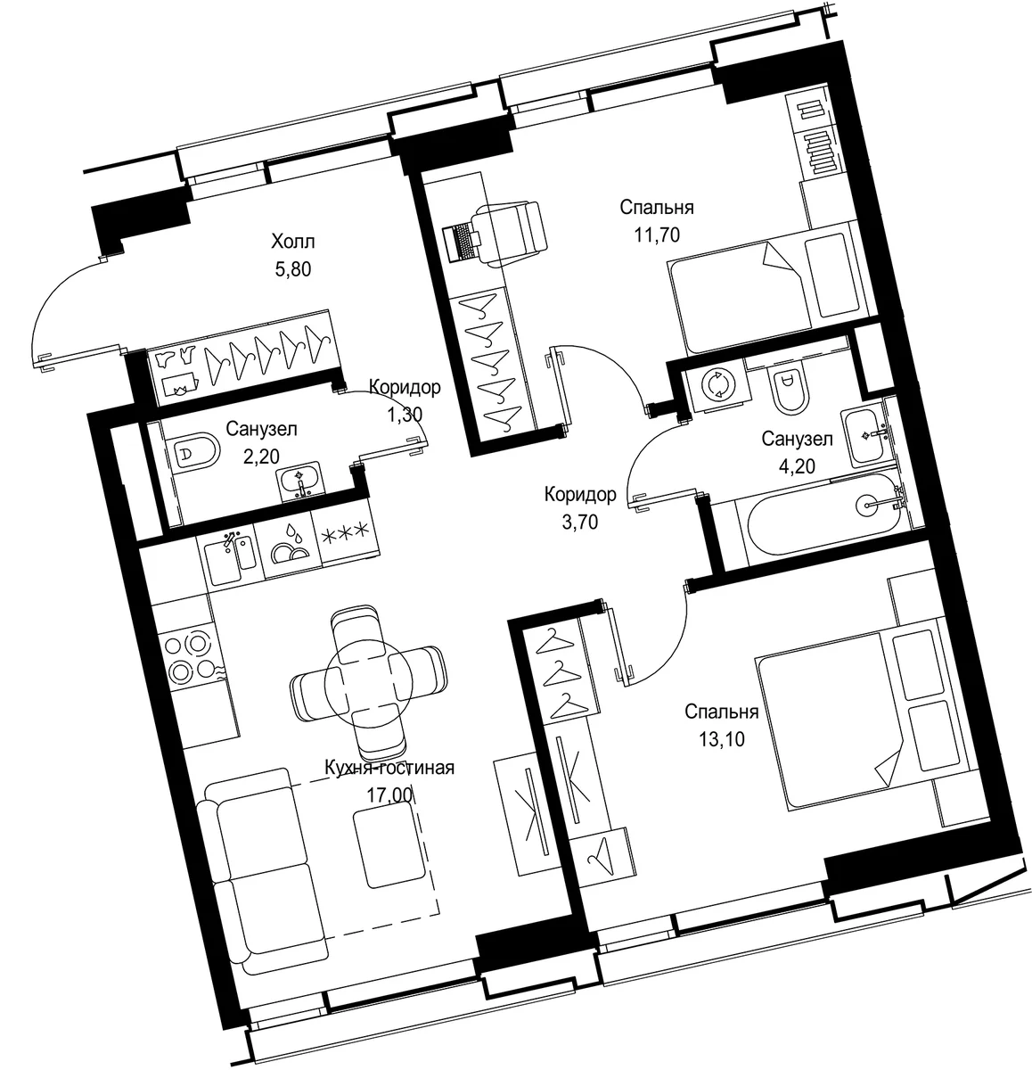 Планировка: Евротрёшка 58,9 м² в ЖК «СИТИДЗЕН»