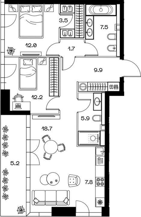 Планировка: Евротрёшка 79,6 м² в ЖК «SHIFT»