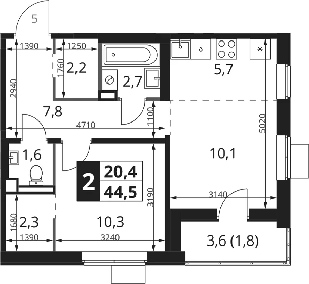 Планировка: Евродвушка 42,7 м² в ЖК «1-й Ясеневский»