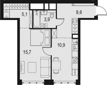 Планировка: 1-комнатная квартира 45,2 м² в ЖК «Левел Южнопортовая»