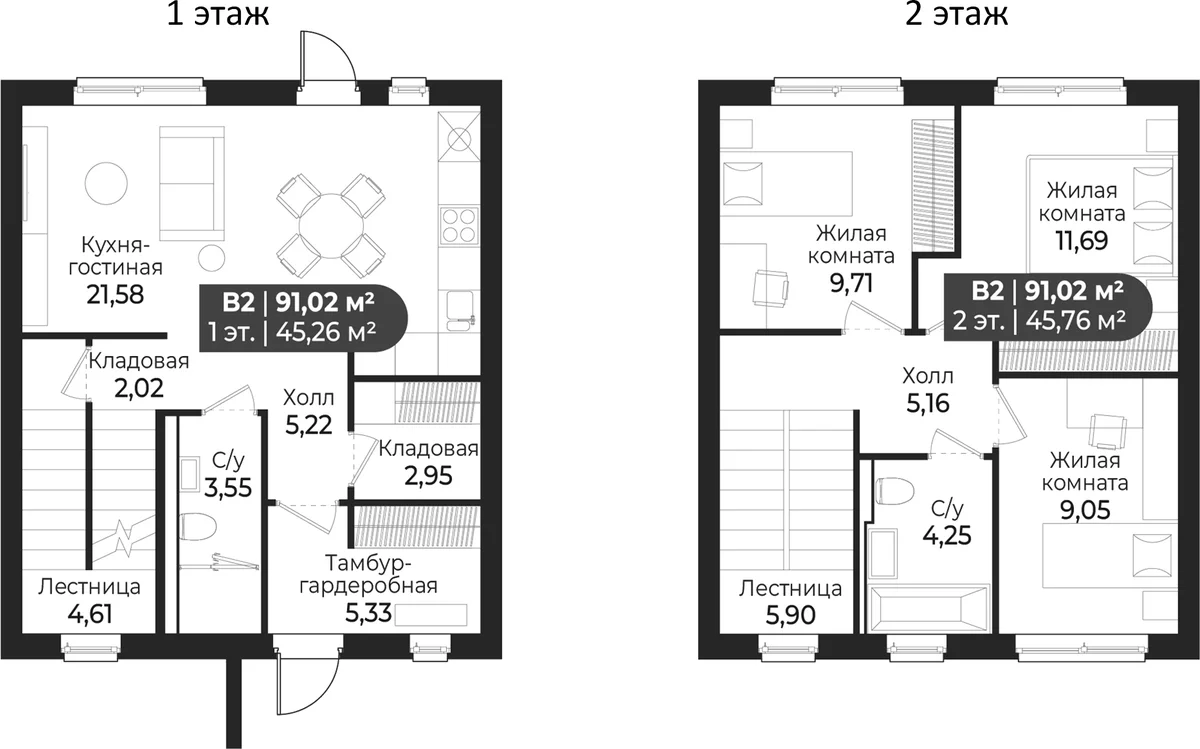 Планировка: Таунхаус 95,3 м² в ЖК «Коттеджный поселок СветЛО»